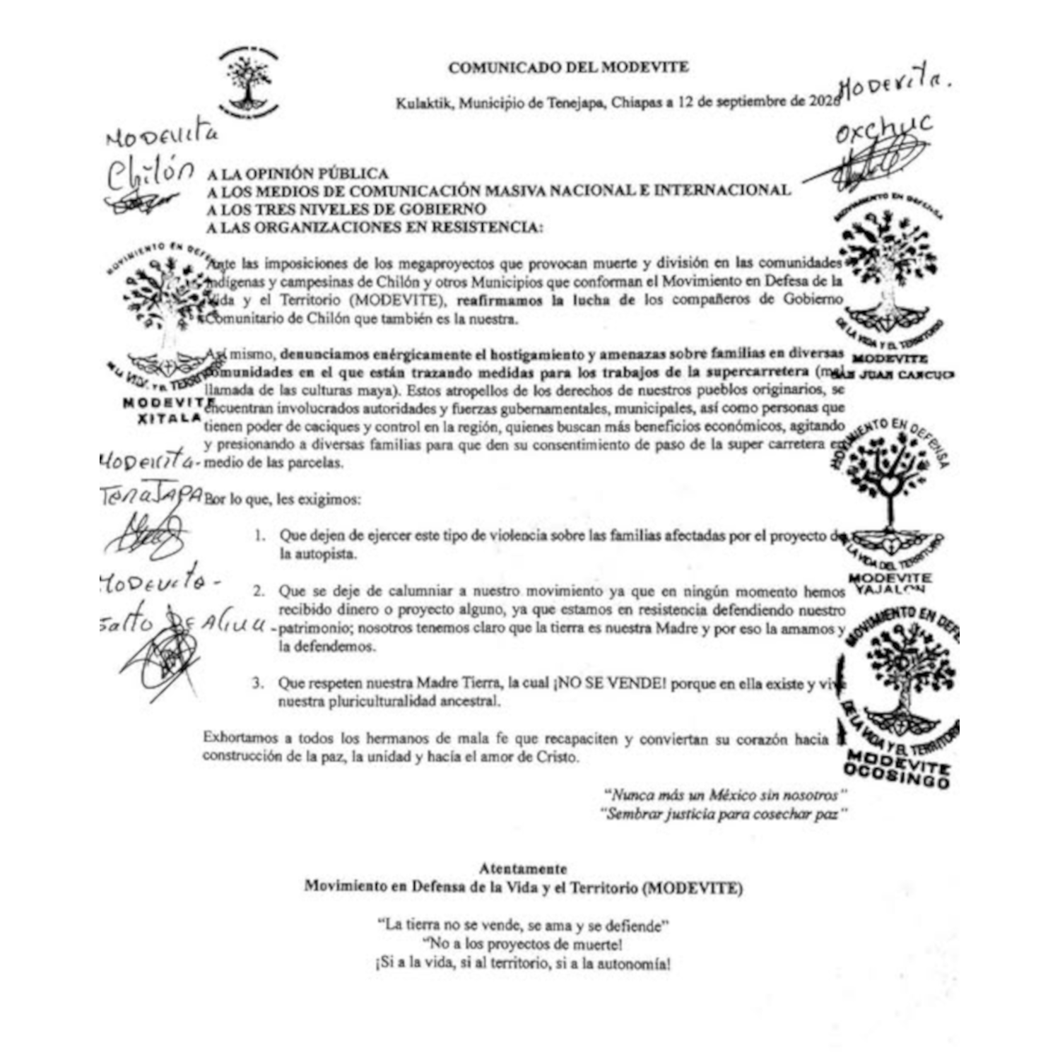 Comunicado del MODEVITE
